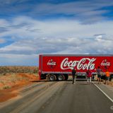 Als wir das Valley of Fire verlassen wollen versperrt ein riesiger Coca-Cola-LKW uns den Weg. Er wollte auf der Strasse wenden und hat sich im Sand eingegraben.
