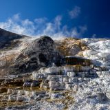 Die Terrassen der "Mammoth Hot Springs" leuchten wie eh und je in schneeweissen bis orangefarbenen Tönen.
