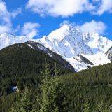 Blick auf die schneebedeckten Berge des Glacier NP auf dem Rogers Pass.
